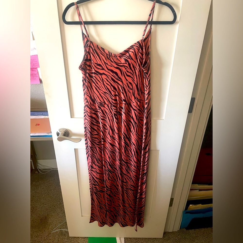 Anthropologie Coral and Black Zebra Print Midi Slip Dress